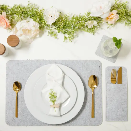 Felt Table Placemats Set of 8 for Dining Table and Kitchen Decor with Drink Coasters and Cutlery Pouches (Light Gray, 24 Pieces) Grey {2}
