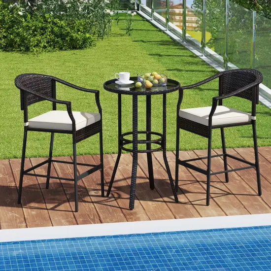 3-Piece Patio Rattan Bar Set with Round Glass Table-Top and 2 Armchairs Brown {2}