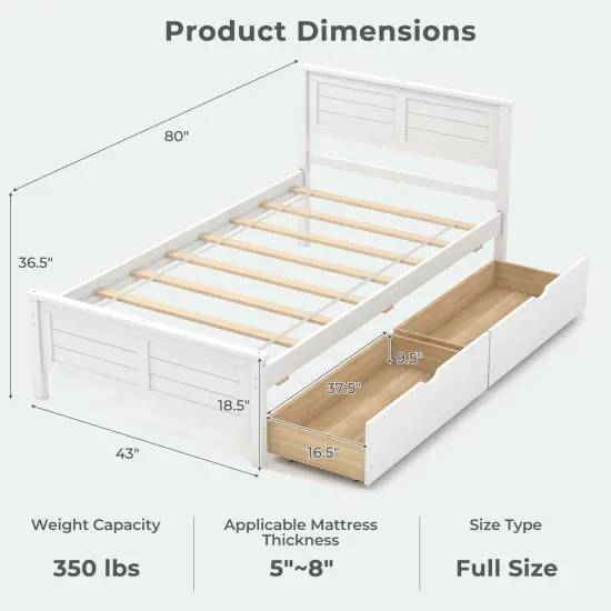 Twin Size Platform Bed with Drawers, Wood Headboard and Sturdy Frame White {4}