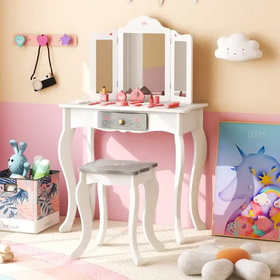 MDF Kids Vanity Set with Mirror, Drawer, Stool, Accessories and Convertible Design White {2}