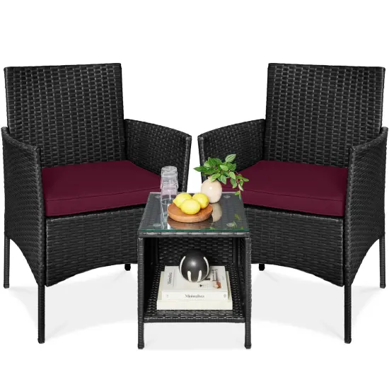 Best Choice Products 3-Piece Outdoor Wicker Conversation Patio Bistro Set, w/ 2 Chairs, Table Black/Deep Burgundy {1}