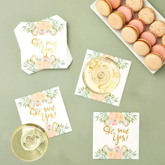 50 Pack Gold Foil She Said Yes Napkins for Engagement Party Supplies, Bridal Shower Decorations, Luncheon, Wedding Decor, Disposable, 3-Ply (White, 5 x 5 Inches) {2}