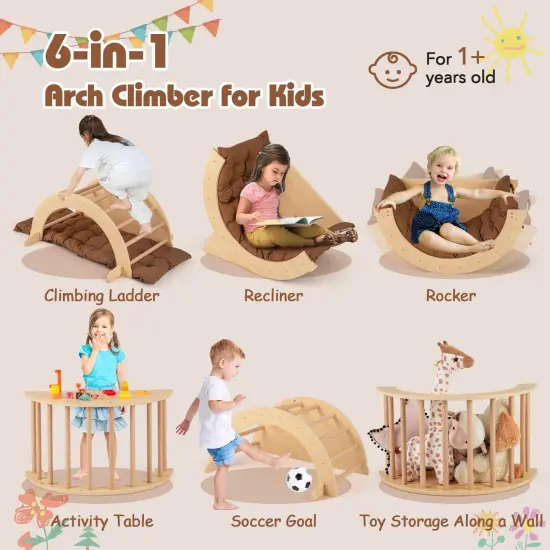 6-in-1 Montessori Arch Climber with Cushion, Toy Storage and Anti-Tip Feet Coffee {6}