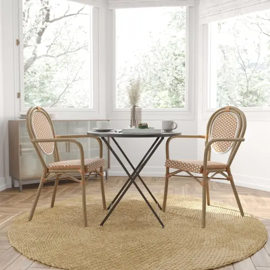 Merrick Lane Celia Set of Two Stacking Thonet Bistro Style Chair with Arms, PE Rattan Seat, and Metal Frame for Indoor/Outdoor Use White&Gray/Natural {1}