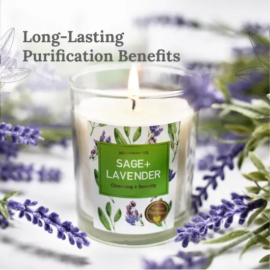 Magnificent 101 Set of 3 Long Lasting Pure Sage + Lavender Candles | 3.5 Oz Each - 42 Hour Burn | Natural, Organic Soy Wax Candle for House Energy Cleansing & Manifestation Sage Smudge Kit Incense Green {2}