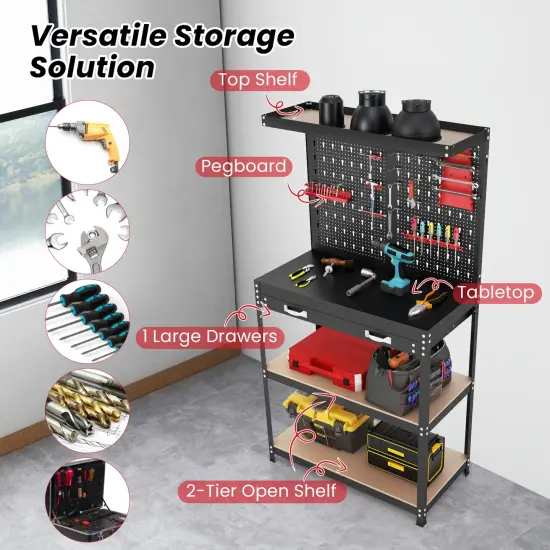 Freestanding Tool Storage Workbench with Pegboard with 14 Hanging Accessories and 2 Drawers Black and Red {6}