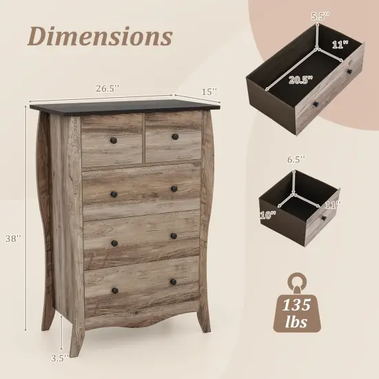 5 Fabric Drawers Closet Storage Organizer Dresser with Wooden Tabletop Perfect for Bedroom or Hallway Brown {4}