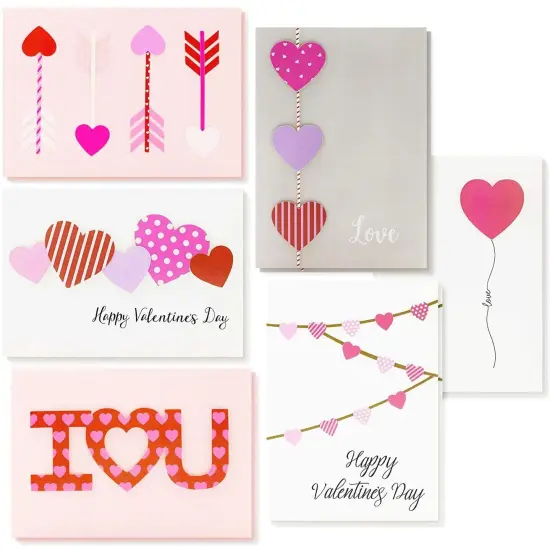 Valentine's Cards with Envelopes, 6 Colorful Heart Designs (5 x 7 In, 12 Pack) Multicolor {1}