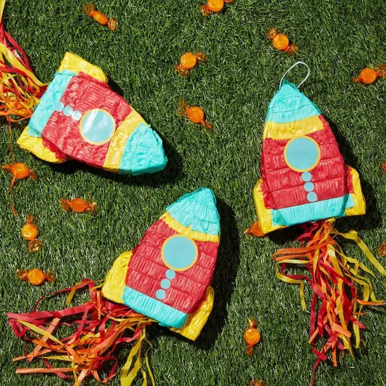 Mini Rocket Ship Pull Pi&ntilde;atas for Outer Space Party (8 x 5.9 x 2.5 In, 3 Pack) Multicolor {3}