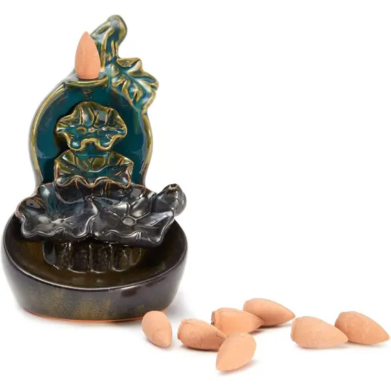 Ceramic Backflow Flower Waterflow Incense Burner with 15 Cones (4.4 x 7.7 Inches) Brown {4}