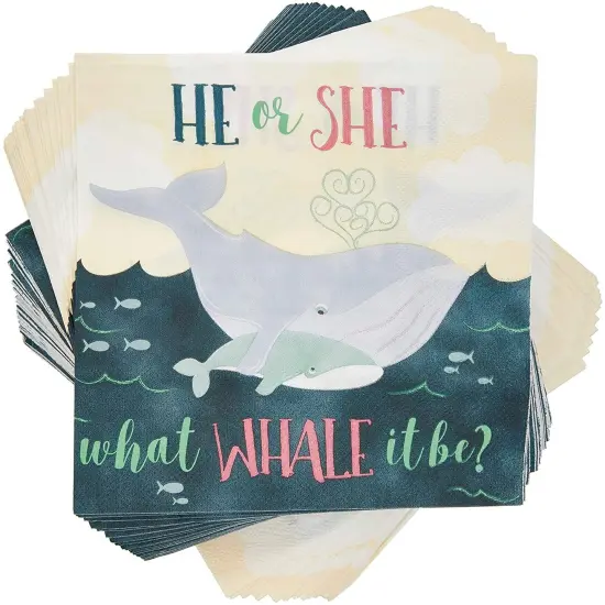 Whale He or She Paper Napkins for Gender Reveal Party (6.5 x 6.5 in, 100 Pack) {1}