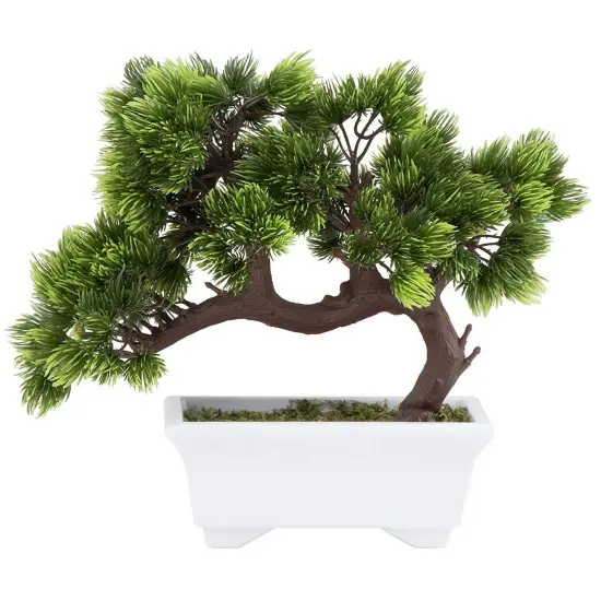 Artificial Fake Bonsai Tree for Office Desk, Potted Japanese Pine for Bookshelf Decoration, Home Decor (10 x 9 In) Green {1}