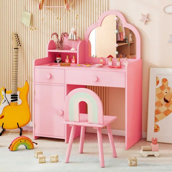Kids Vanity Set, Cloud Shape Mirror, Storage and Pine Wood Stool Pink {3}