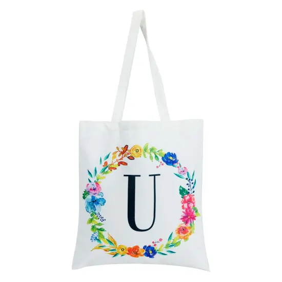 Set of 2 Reusable Monogram Letter U Personalized Canvas Tote Bags for Women, Floral Design (29 Inches) White {5}
