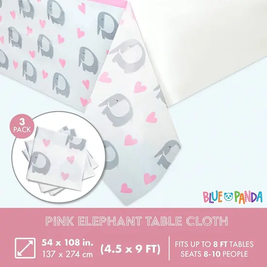 Elephant Tablecloths for Baby Shower Decor, Pink Hearts (54 x 108 in, 3 Pack) {2}