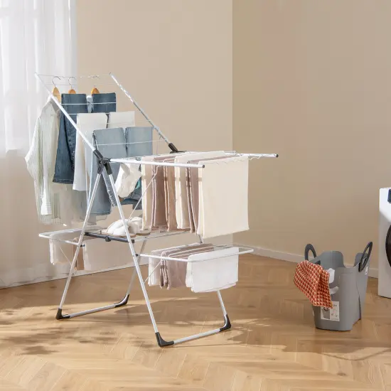 2-Level Freestanding Foldable-Portable Laundry Drying Rack with Height Adjustable Wings {2}