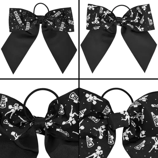 20 Pack 8 Inch Cheer Bows for Cheerleaders, Elastic Ponytail Holders for Women and Girls, Large Bulk Polyester Hair Ribbons for Softball, Volleyball, Gymnastics (2 Designs, Black) {4}