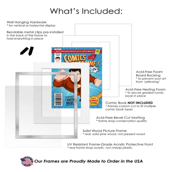 Comic Book Display Frame for Current Era Comic Published After 1985 - Silver Wood Comic Frame With White Mat for 6.875x10.5 Comic, 18 Frame Sizes {3}