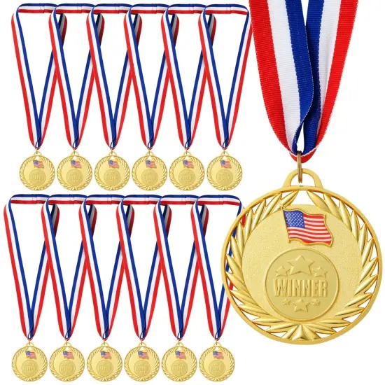 12-Pack Gold Winner Medals for All Ages, Participation Awards with American Flag, 15.5-Inch Red, White, and Blue Ribbon for Sports, Tournaments, Competitions, Heavy-Duty (Metal, 2.75 in) {1}