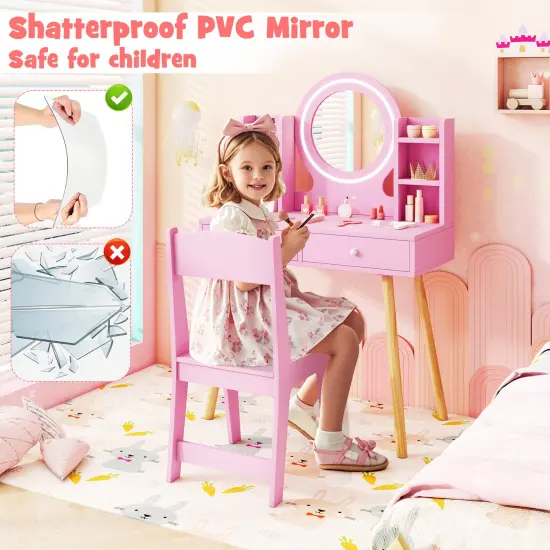 MDF and Pine Wood Kids Vanity Set with LED Mirror, Storage and Chair Pink {6}