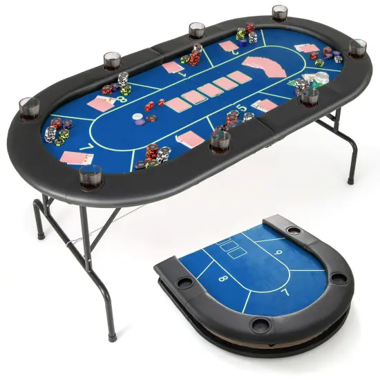 Felt Poker Table with Cup Holders and Padded Armrests Blue {7}