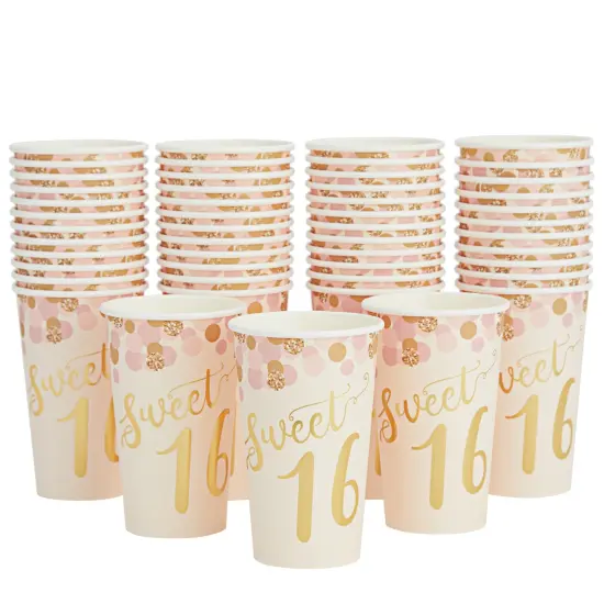 50 Pack 16 oz Paper Pink Party Cups for Girls Sweet 16 Party Supplies (Rose Gold Foil) {1}