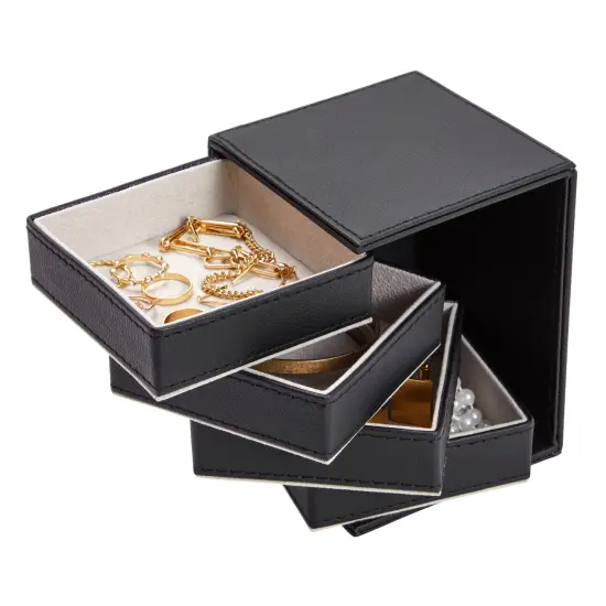 4 Layer Rotating Jewelry Organizer for Men, Women, Small Faux Leather Box for Necklaces, Rings, Earring, Bracelets (Black, 4x5.25") {1}