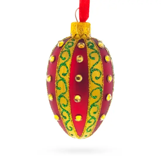 Red and Gold with Green Swirls and Jewel Accents Mini Glass Egg Ornament 2.9 Inches {1}