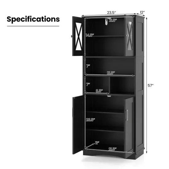 57-Inch Tall Freestanding Bathroom Storage Cabinet with 3 Adjustable Shelves and Acrylic Doors Black {5}