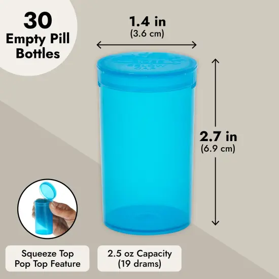 30 Pack Empty Pill Bottles with Pop Top Caps, 19 Dram Prescription Medicine Containers (Blue) {4}