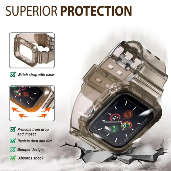 Insten Crystal Clear Watch Band with Rugged Bumper Case For Apple Watch 44mm 42mm Series SE 6 5 4 3 2 1, Replacement Soft TPU Transparent Strap, Clear Black {2}