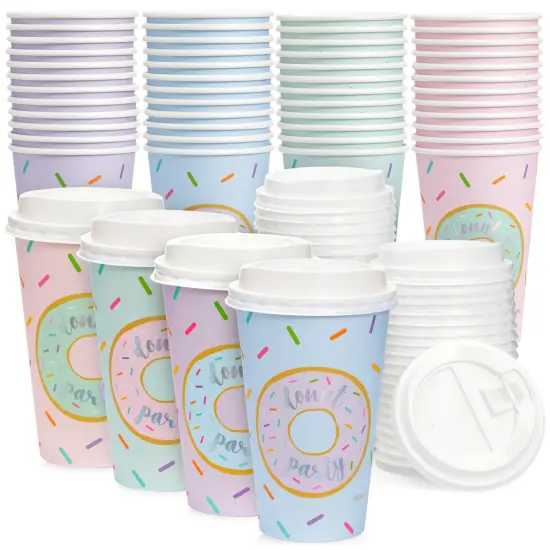 48 Pack Disposable 16oz Coffee Cups with Lids - Donut Party Supplies - Paper To Go Cup for Themed Birthday Party, Wedding, Baby Shower Multicolor {1}