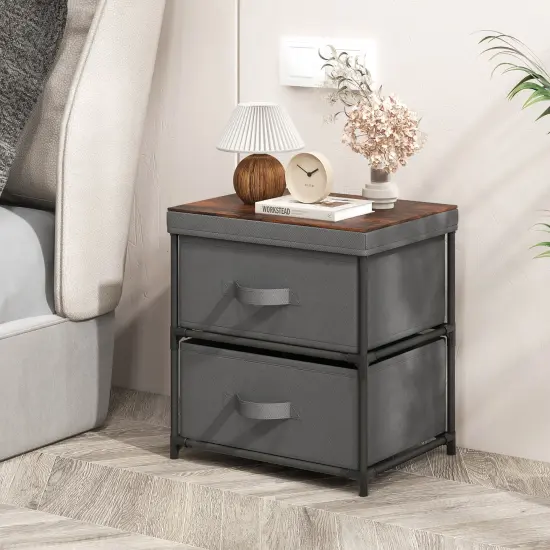 Black Metal 2 Drawer Nightstand with Fabric Storage and Tool Free Assembly {2}