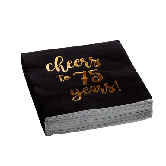 50 Pack Cheers to 75 Years Black and Gold Paper Cocktail Napkins for 75th Birthday Party Supplies, Table Decorations (5 x 5 in) {5}