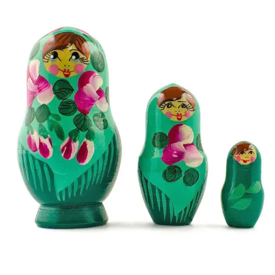 Set of 3 Deep Green Dress WoodenNesting Dolls 3.5 Inches {1}