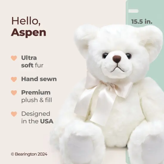 Bearington Aspen, 15.5 Inch White Teddy Bear Stuffed Animal, Vintage Teddy Bear, Makes a Great Gift for Birthday, Anniversary, Holiday, or Graduation {2}