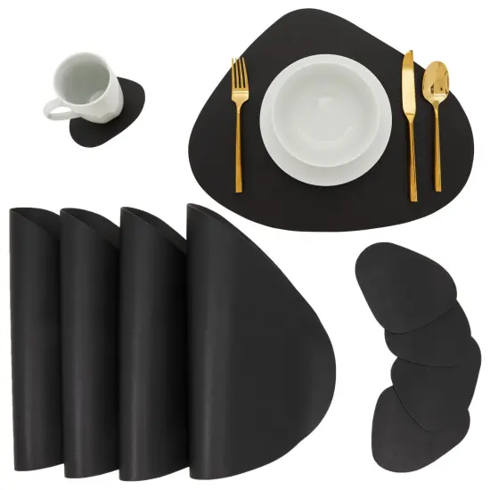 Set of 4 Wedge Placemats with Matching Coasters for Kitchen, Dining Table (Black, Faux Leather, 8 Pieces) {1}