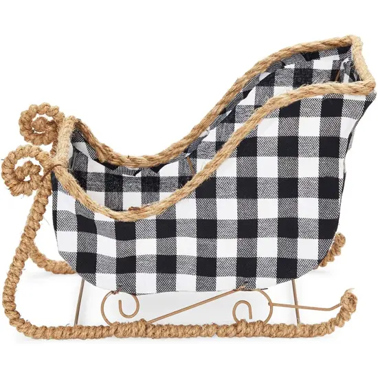 Small Santa Claus Christmas Sleigh Decoration, White and Black Buffalo Plaid Table Centerpiece for Holiday Decor (11 x 5 x 7.8 in) {6}