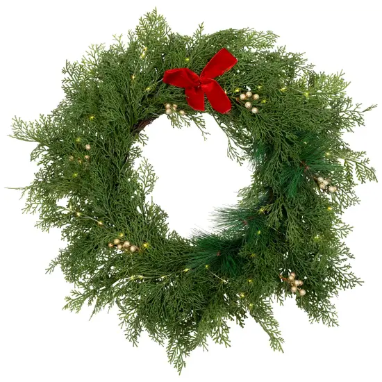 Northlight Real Touch&trade; Cedar and White Pine Artificial Christmas Wreath - 30" - Warm White LED Green {3}