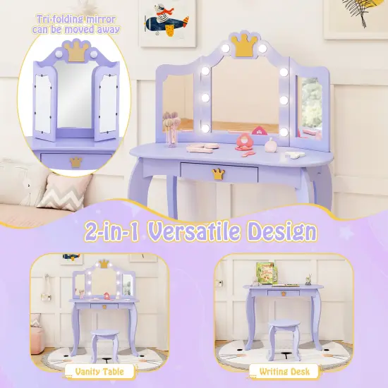 MDF and Acrylic Kids Vanity Set with Tri-Fold Mirror, LED Lights and Storage Purple {6}