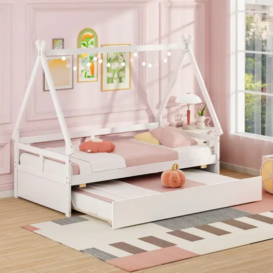Twin Size House Frame Bed with Trundle, Wooden Construction and Creative Design White {2}