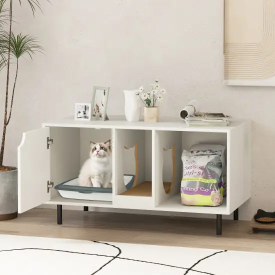 Engineered Wood Cat Litter Box Cabinet with Scratcher and Storage White {3}