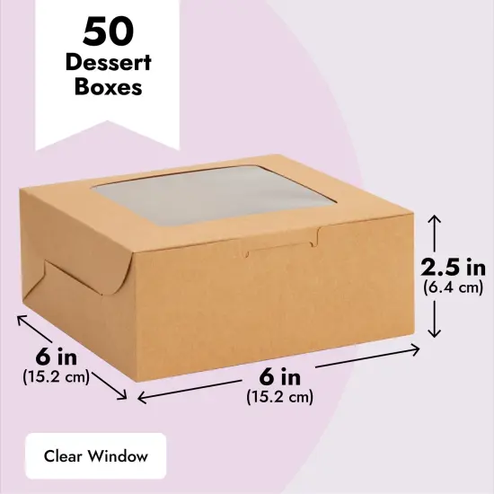50 Pack 6x6 Dessert Boxes with Window, Bulk Bakery Containers for Cookies, Cupcakes (Kraft Paper) Brown {5}