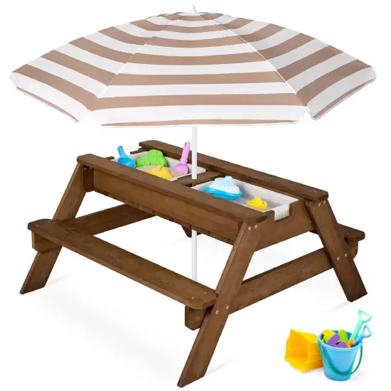 Best Choice Products Kids 3-in-1 Outdoor Convertible Activity Sand & Water Picnic Table w/ Umbrella Walnut/Beige {1}