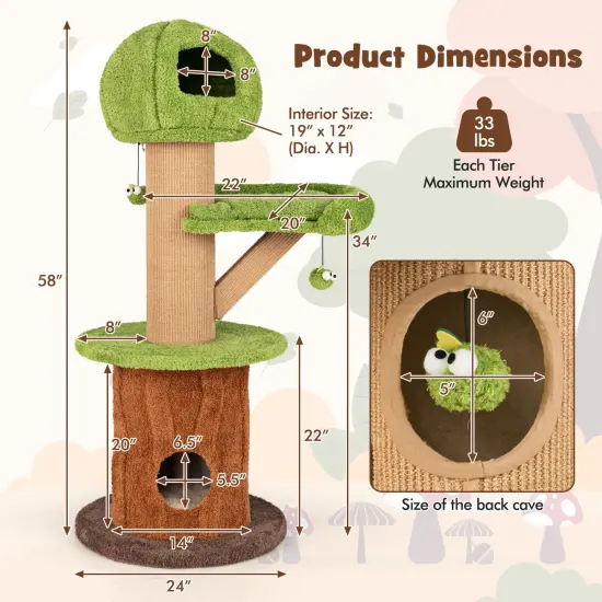48-Inch Large Mushroom Shape Cat Tree with 2 Cute Condos and Branch-Shaped Scratching Posts {4}