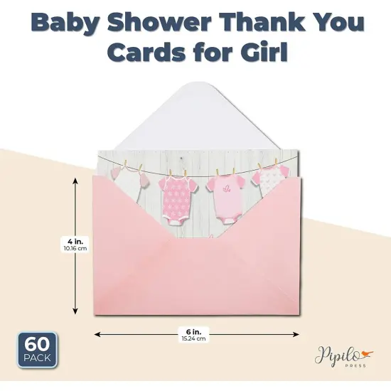 60 Pack Baby Shower Thank You Cards with Pink Envelopes for Girl, 4x6 inch with Clothesline Design and Includes 60 Cute Stickers for Appreciation {3}