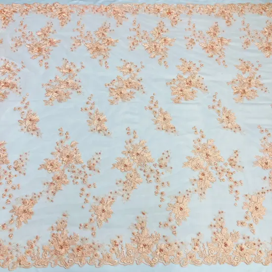 1 Yard Beaded Rhinestone 3D Floral Lace Fabric Embroidered Mesh Gown 52" Width Peach {1}