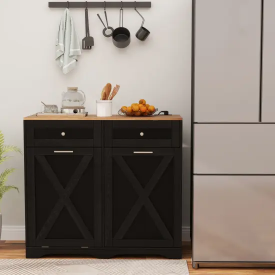 Tilt Out Wooden Trash Can Cabinet with 3 Position Adjustable Shelf and Power Outlets Black {1}