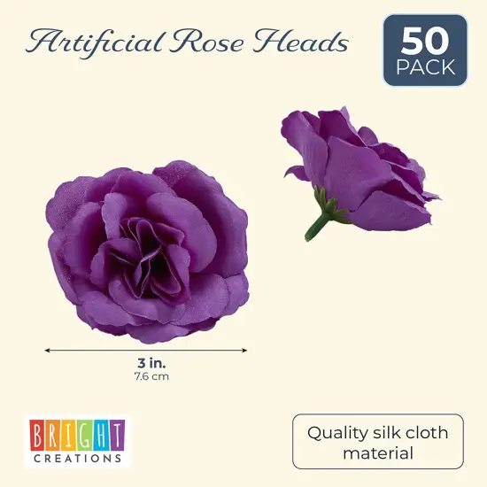 Bright Creations 50 Pack Purple Roses Artificial Flowers Bulk, 3 Inch Stemless Fake Silk for Decorations, Wedding, Faux Bouquets {5}