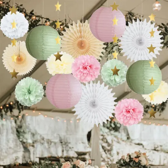 Sage Green and Pink Party Decorations Paper Lanterns Decorative Pink Gold Tissue Paper Pom Poms Sage Green Party Decorations Gold Star Garland for Baby Shower Bridal Shower Birthday Wedding Engagement {4}